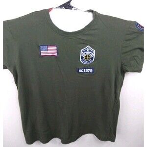 US Airborne 1979 Men's T-Shirt - Sz L Green Knit Patches - Flag Sheriff Military